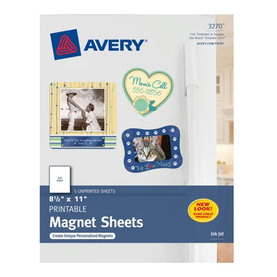 Avery 3270 Printable Magnet Sheets; 8.5" x 11"; Inkjet Printer; 5 White Magnetic Sheets with Adhesive