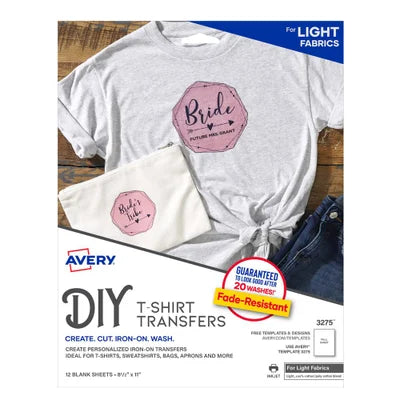 Avery 3275 Heat Transfer Paper for Light Fabrics; 8.5" x 11"; Inkjet Printer; 12 Printable Iron On Transfers