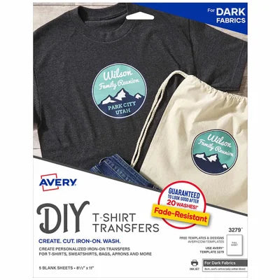 Avery 3279 Heat Transfer Paper for Dark Fabrics; 8.5" x 11"; Inkjet Printer; 5 Printable Iron On Transfers