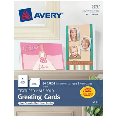 Avery 3378 Printable Half-Fold Greeting Cards; 5-1/2" x 8-1/2"; Inkjet Printers; 30 Blank Cards