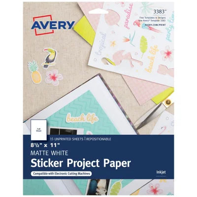 Avery 3383 Printable Sticker Paper; 8 1/2" x 11"; Inkjet Printer; White; 15 Repositionable Sticker Sheets