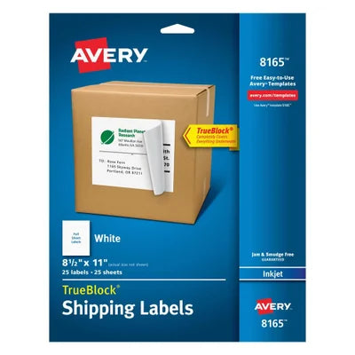 Avery 8165 Shipping Address Labels, 8 1/2" x 11", TrueBlock Technology, Permanent Adhesive, 25 Full Sheet Labels, Inkjet Printers