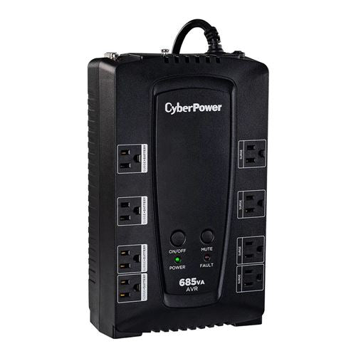 CyberPower Systems AVR Series UPS (CP685AVR); 685 VA, 411 W, 120 V; 8 Outlets & 2 USB Charging Ports; GreenPower UPS High Efficiency; Automatic Voltage Regulation