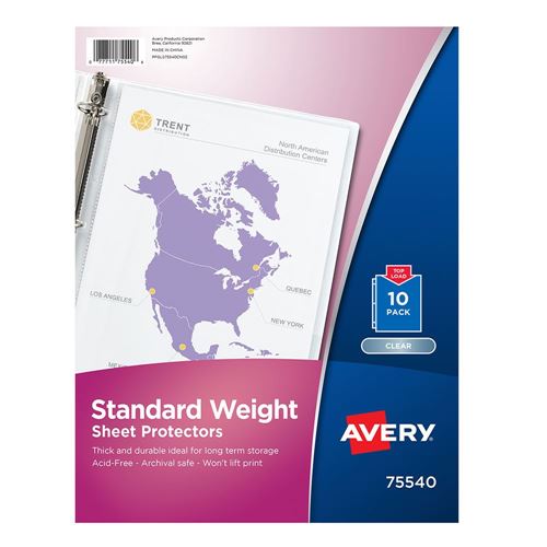 Avery 75540 Clear Standard Weight Sheet Protectors; Top Load; 10 Document Protectors