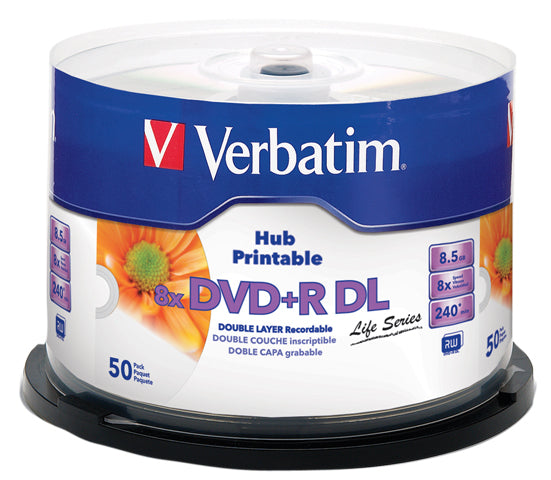 Verbatim DVD+R DL 8x 8.5 GB/240 Minute Inkjet Printable Disc 50-Pack Spindle