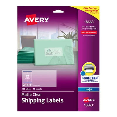 Avery 18663 Easy Peel Clear Shipping Labels for Inkjet Printers 2" x 4" 100 Pack