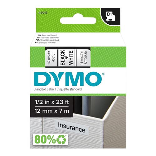 Dymo 45013 D1 Label 1/2" (12 mm) Plastic - Black Print on White